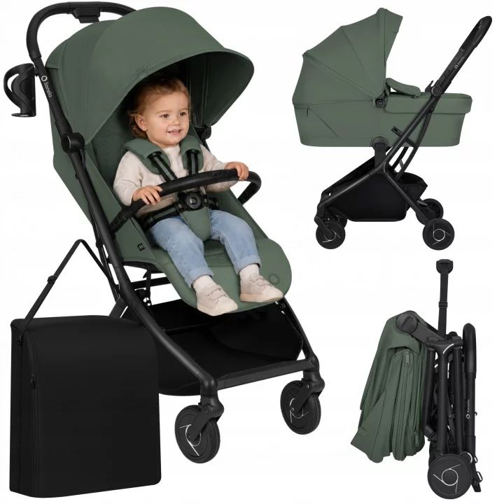 Carucior 2 in 1, Lionelo, Sia Flex, 7.6 kg, Include landou pliabil pe cadru, Ultracompact, Pliere rapida cu o mana, Copertina UPF50+, Cu accesorii incluse, 0-48 luni, Sustine 22 kg, Verde