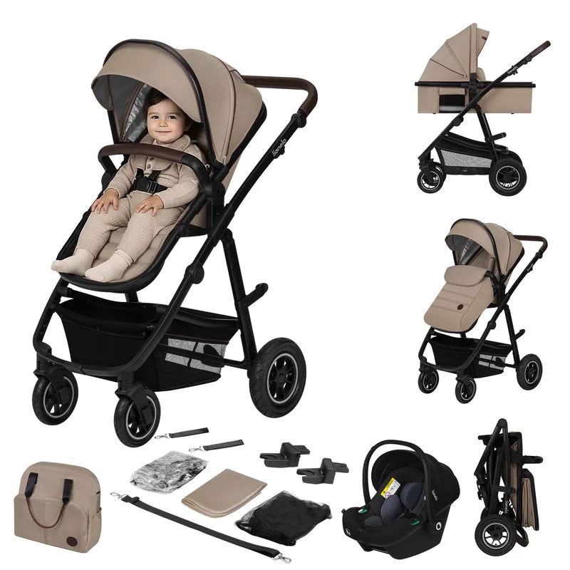 Carucior 3 in 1, Lionelo, Amber, Landou intarit, Scoica auto testata ADAC, Reversibil, Cu accesorii, Geanta parinti, Pana la 22 kg, Bej
