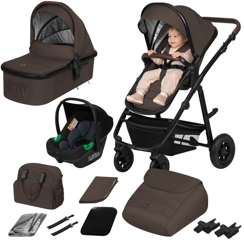 Carucior 3 in 1, Lionelo, Amber, Cadru aluminiu, Cu landou intarit si salteluta moale, Cu scoica auto testata ADAC, Reversibil, Cu accesorii, Geanta parinti, Pana la 22 kg, Maro