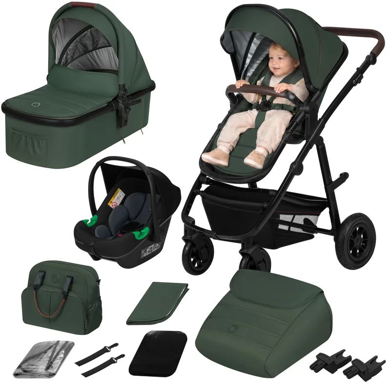 Carucior 3 in 1, Lionelo, Amber, Cadru aluminiu, Cu landou intarit si salteluta moale, Cu scoica auto testata ADAC, Reversibil, Cu accesorii, Geanta parinti, Pana la 22 kg, Verde