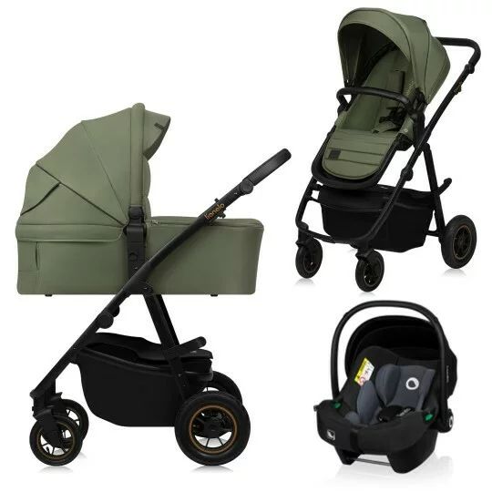 Carucior 3 in 1, Lionelo, Amber Plus, Cadru aluminiu, Cu landou intarit si salteluta moale, Cu scoica auto testata ADAC, Reversibil, Maner ajustabil, Cu accesorii, Cu ventilatie panoramica 3D, Pana la 22 kg, EN1888-1, EN1888-2, EN1466, ECE R129, Verde