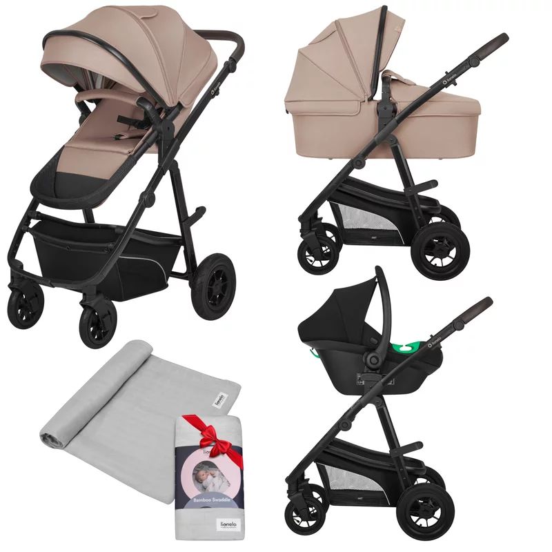 Carucior 3 in 1, Lionelo, Bianka Bej Taupe, Transformabil, Cu landou si salteluta moale, Cu scoica auto, Sustine 22 kg, Cu muselina din bambus, 120x120 cm, Gri