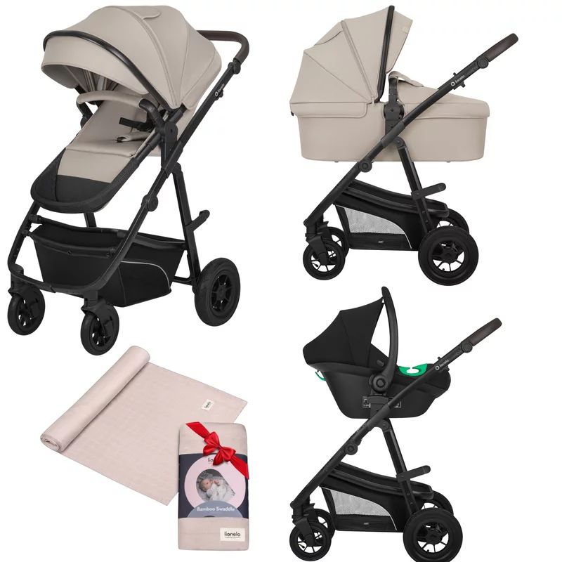 Carucior 3 in 1, Lionelo, Bianka Bej, Transformabil, Cu landou si salteluta moale, Cu scoica auto, Sustine 22 kg, Cu muselina din bambus, 120x120 cm, Bej