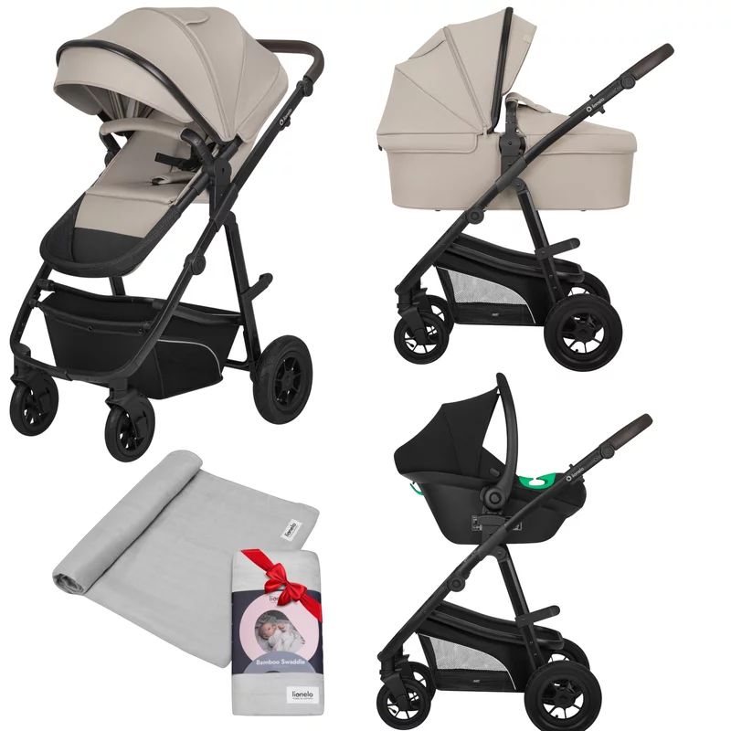 Carucior 3 in 1, Lionelo, Bianka Bej, Transformabil, Cu landou si salteluta moale, Cu scoica auto, Sustine 22 kg, Cu muselina din bambus, 120x120 cm, Gri