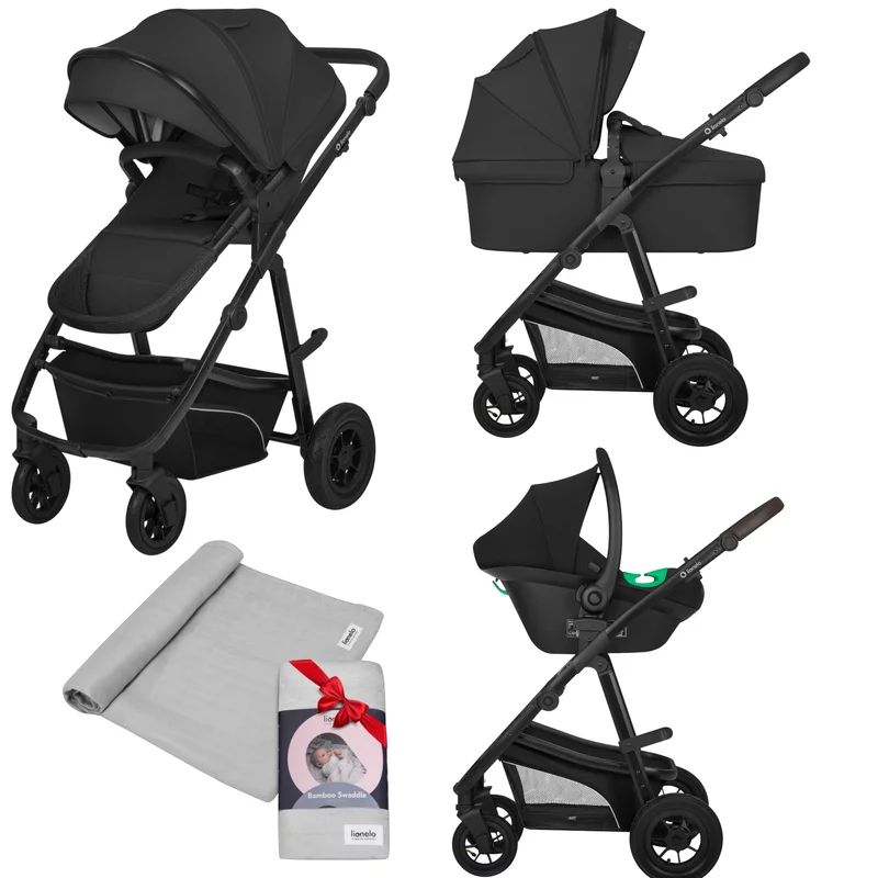 Carucior 3 in 1, Lionelo, Bianka Black Onyx, Transformabil, Cu landou si salteluta moale, Cu scoica auto, Sustine 22 kg, Cu muselina din bambus, 120x120 cm, Gri