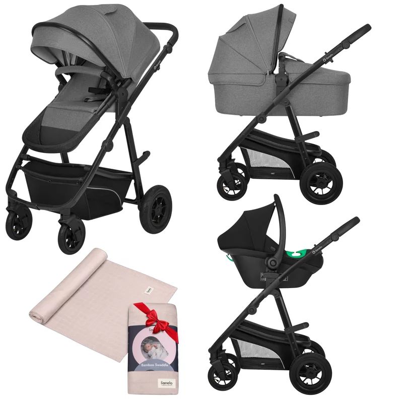 Carucior 3 in 1, Lionelo, Bianka Grey Stone, Transformabil, Cu landou si salteluta moale, Cu scoica auto, Sustine 22 kg, Cu muselina din bambus, 120x120 cm, Bej