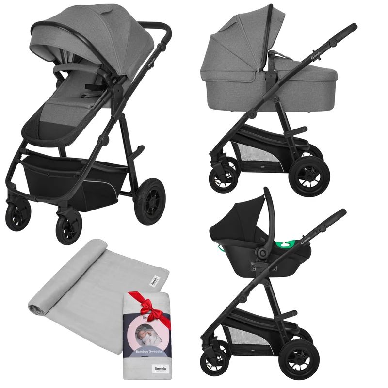 Carucior 3 in 1, Lionelo, Bianka Grey Stone, Transformabil, Cu landou si salteluta moale, Cu scoica auto, Sustine 22 kg, Cu muselina din bambus, 120x120 cm, Gri