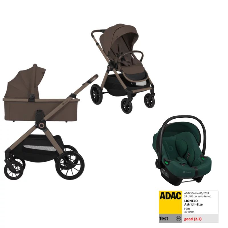Carucior 3 in 1, Lionelo, Freya, Cu scoica ADAC, Landou si salteluta ventilate, Pliabil, Reglare spatar- 3 pozitii, Suport de picioare- 4 pozitii, Maner- 3 pozitii, Sustine 22 kg, Cu accesorii, 0 luni+, Maro/verde