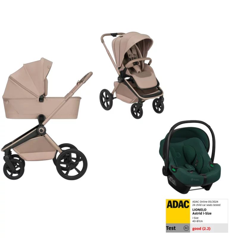 Carucior 3 in 1, Lionelo, Freya, Cu scoica ADAC, Landou si salteluta ventilate, Pliabil, Reglare spatar in 3 pozitii, Suport de picioare in 4 pozitii, Maner reglabil in 3 pozitii, Sustine 22 kg, Cu accesorii, 0 luni+, Bej/verde