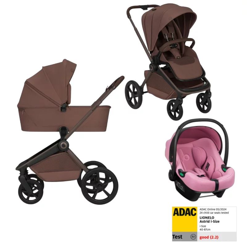 Carucior 3 in 1, Lionelo, Freya, Cu scoica ADAC, Landou si salteluta ventilate, Pliabil, Reglare spatar in 3 pozitii, Suport de picioare in 4 pozitii, Maner reglabil in 3 pozitii, Sustine 22 kg, Cu accesorii, 0 luni+, Maro/roz