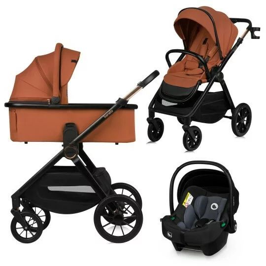 Carucior 3 in 1, Lionelo, Layla, Pana la 22 kg, Cadru aluminiu, Cu landou intarit si salteluta din spuma AirDots, Cu scoica auto testata ADAC, Reversibil, Cu ventilatie 3D, Cu accesorii, EN1888-1, EN1888-2, EN1466, Maro