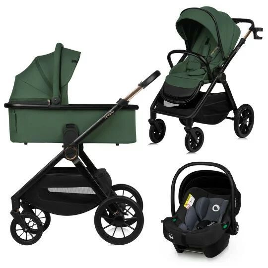 Carucior 3 in 1, Lionelo, Layla, Pana la 22 kg, Cadru aluminiu, Cu landou intarit si salteluta din spuma AirDots, Cu scoica auto testata ADAC, Reversibil, Cu ventilatie 3D, Cu accesorii, EN1888-1, EN1888-2, EN1466, Verde