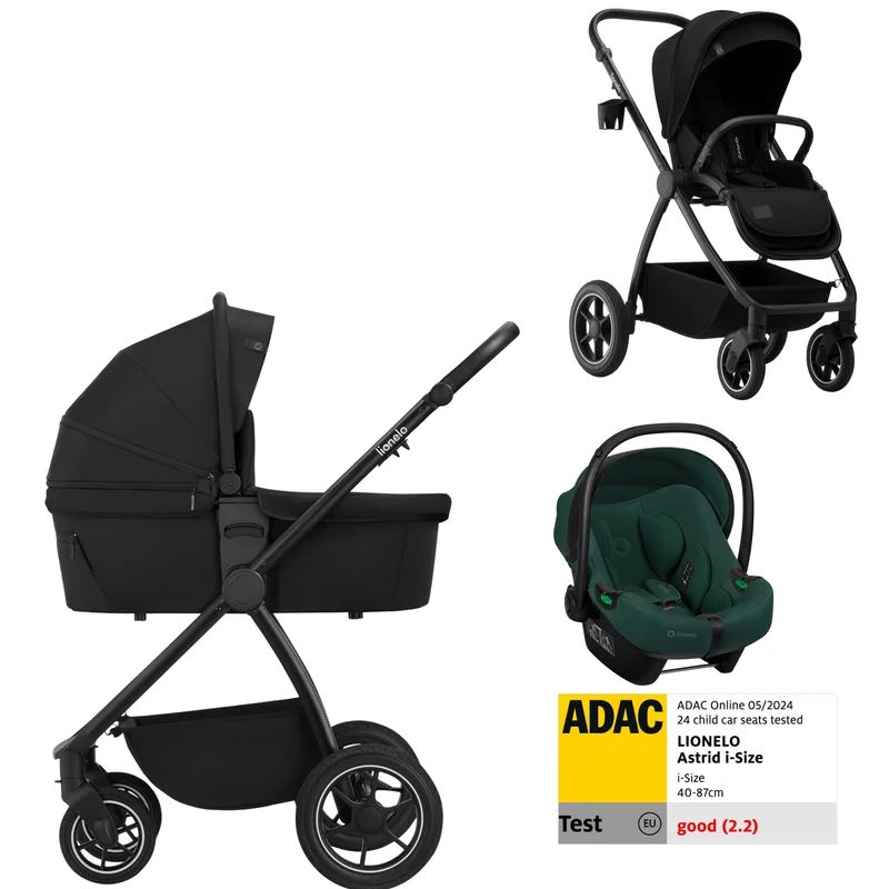 Carucior 3 in 1, Lionelo, Meril, Cu landou de dimensiune XL, Reversibil, Cu scoica auto testata ADAC Astrid Green, Cu accesorii, Pana la 22 kg, Black Onyx