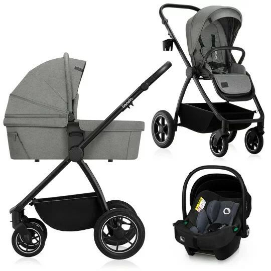 Carucior 3 in 1, Lionelo, Meril, Cu landou de dimensiune XL, Reversibil, Cu scoica auto testata ADAC, Cu accesorii, Pana la 22 kg, Conform cu EN1888-1 EN1888-2, EN1466, Gri