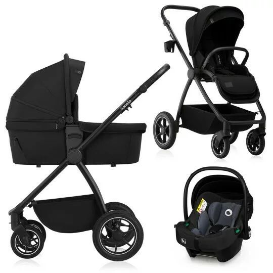 Carucior 3 in 1, Lionelo, Meril, Cu landou de dimensiune XL, Reversibil, Cu scoica auto testata ADAC, Cu accesorii, Pana la 22 kg, Conform cu EN1888-1 EN1888-2, EN1466, Negru