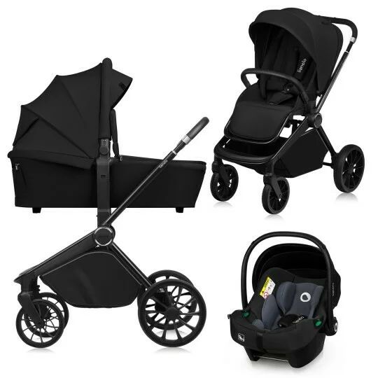 Carucior 3 in 1, Lionelo, Mika Plus, Cadru din aluminiu, Cu landou intarit si salteluta moale, Cu scoica auto testata ADAC, Reversibil, Cu sistem de ventilatie 3D, Cu accesorii, Pana la 22 kg, EN1888-1 EN1888-2 EN1466 ECE R129, Negru