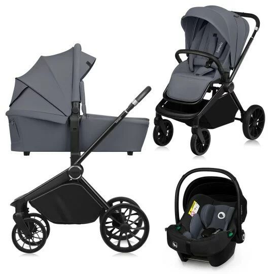 Carucior 3 in 1, Lionelo, Mika Plus, Cadru din aluminiu, Cu landou intarit si salteluta moale, Cu scoica auto testata ADAC, Reversibil, Cu sistem de ventilatie 3D, Cu accesorii, Pana la 22 kg, EN1888-1 EN1888-2 EN1466 ECE R129, Gri
