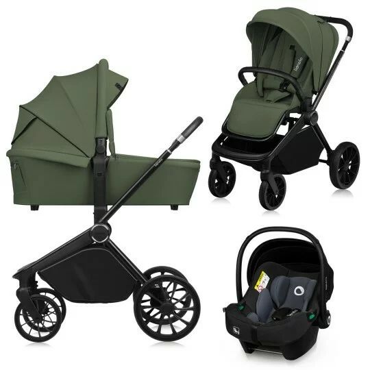 Carucior 3 in 1, Lionelo, Mika Plus, Cadru din aluminiu, Cu landou intarit si salteluta moale, Cu scoica auto testata ADAC, Reversibil, Cu sistem de ventilatie 3D, Cu accesorii, Pana la 22 kg, EN1888-1 EN1888-2 EN1466 ECE R129, Verde