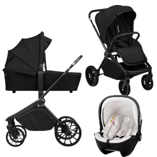 Carucior 3 in 1, Lionelo, Mika Plus, Cu scoica auto Moxie Bej, Reversibil, Cu sistem de ventilatie 3D, Cu accesorii, Pana la 22 kg, EN1888-1 EN1888-2 EN1466 ECE R129, Negru