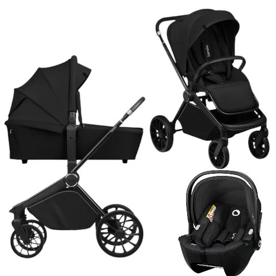 Carucior 3 in 1, Lionelo, Mika Plus, Cu scoica auto Moxie Black Carbon, Reversibil, Cu sistem de ventilatie 3D, Cu accesorii, Pana la 22 kg, EN1888-1 EN1888-2 EN1466 ECE R129, Negru