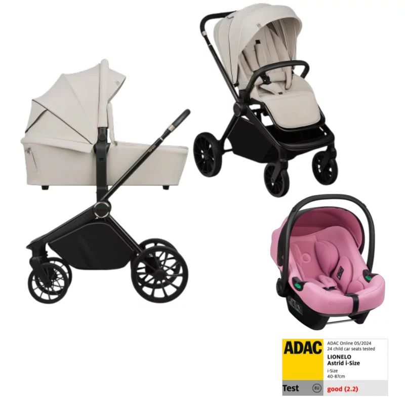 Carucior 3 in 1, Lionelo, Mika Plus, Cu scoica auto Roz testata ADAC, Reversibil, Cu sistem de ventilatie 3D, Cu accesorii, Pana la 22 kg, EN1888-1 EN1888-2 EN1466 ECE R129, Bej
