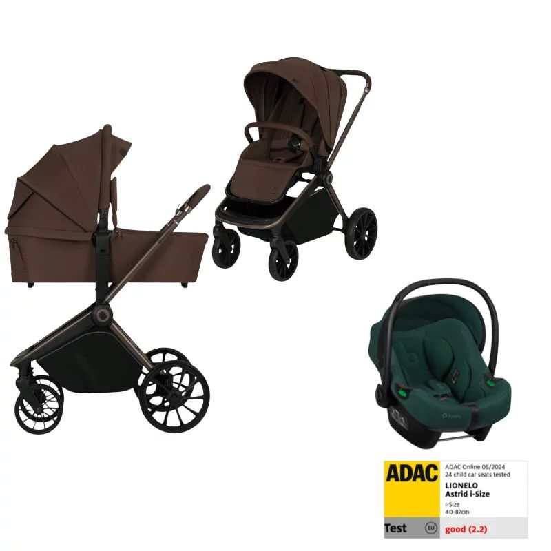 Carucior 3 in 1, Lionelo, Mika Plus, Cu scoica auto Verde testata ADAC, Reversibil, Cu sistem de ventilatie 3D, Cu accesorii, Pana la 22 kg, EN1888-1 EN1888-2 EN1466 ECE R129, Maro