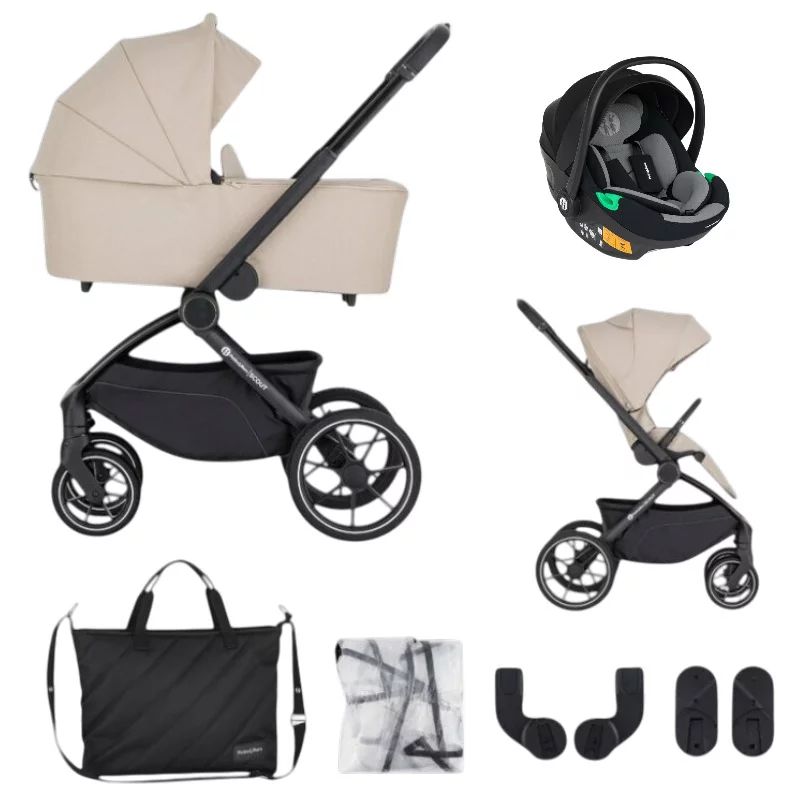 Carucior 3 in 1, Petite&Mars, Scout, Scoica inclusa, Cu landou pliabil, Reversibil, Spatar si suport de picioare reglabile in 3 pozitii, Maner ajustabil, Cu accesorii, Pana la 22 kg, 0 luni+, Bej