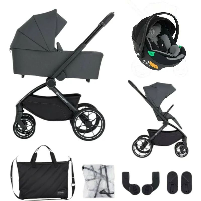 Carucior 3 in 1, Petite&Mars, Scout, Scoica inclusa, Cu landou pliabil, Reversibil, Spatar si suport de picioare reglabile in 3 pozitii, Maner ajustabil, Cu accesorii, Pana la 22 kg, 0 luni+, Gri