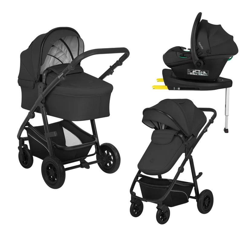 Carucior 4 in 1, Lionelo, Bianka, Transformabil, Cu scoica auto, Sustine 22 kg, Black Onyx si Baza scaun auto i-Size Plus, Astrid, Cu Isofix, Rotire 180 grade