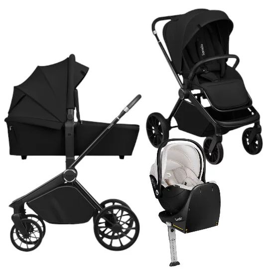 Carucior 4 in 1, Lionelo, Mika Plus, Cu scoica auto Moxie Bej cu baza rotativa 360, Reversibil, Cu sistem de ventilatie 3D, Cu accesorii, Pana la 22 kg, EN1888-1 EN1888-2 EN1466 ECE R129, Negru