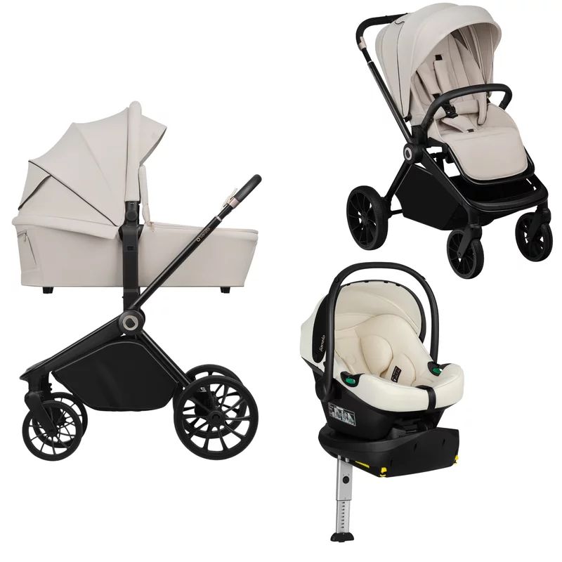 Carucior 4 in 1, Lionelo, Mika Plus, Cu scoica auto testata ADAC Beige Cream + Baza Isofix cu rotire 180 grade, Reversibil, Pana la 22 kg, Beige Sand