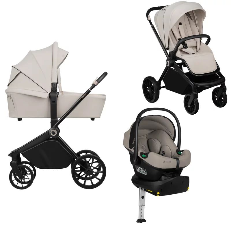 Carucior 4 in 1, Lionelo, Mika Plus, Cu scoica auto testata ADAC Beige Taupe + Baza Isofix cu rotire 180 grade, Reversibil, Pana la 22 kg, Beige Sand