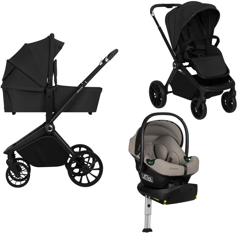 Carucior 4 in 1, Lionelo, Mika Plus, Cu scoica auto testata ADAC Beige Taupe + Baza Isofix cu rotire 180 grade, Reversibil, Pana la 22 kg, Black Onyx