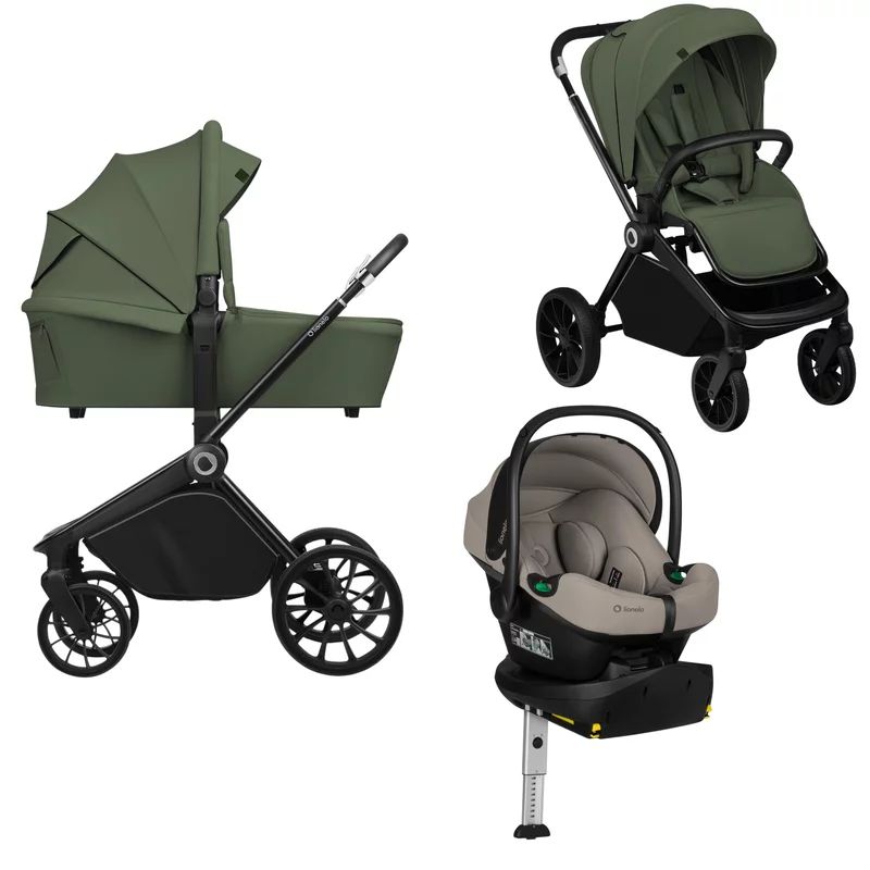 Carucior 4 in 1, Lionelo, Mika Plus, Cu scoica auto testata ADAC Beige Taupe + Baza Isofix cu rotire 180 grade, Reversibil, Pana la 22 kg, Green Olive