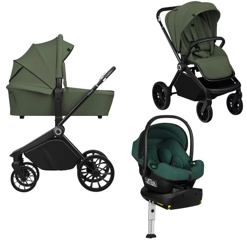 Carucior 4 in 1, Lionelo, Mika Plus, Cu scoica auto testata ADAC Green + Baza Isofix cu rotire 180 grade, Reversibil, Pana la 22 kg, Green Olive