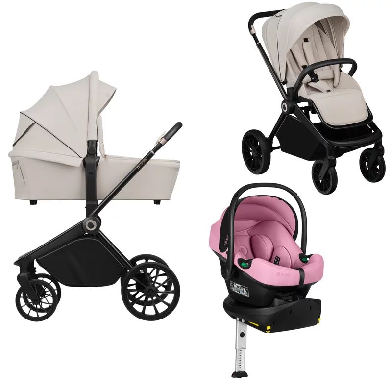 Carucior 4 in 1, Lionelo, Mika Plus, Cu scoica auto testata ADAC Pink Coral + Baza Isofix cu rotire 180 grade, Reversibil, Pana la 22 kg, Beige Sand