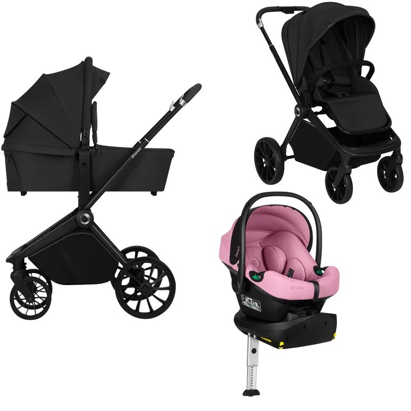 Carucior 4 in 1, Lionelo, Mika Plus, Cu scoica auto testata ADAC Pink Coral + Baza Isofix cu rotire 180 grade, Reversibil, Pana la 22 kg, Black Onyx