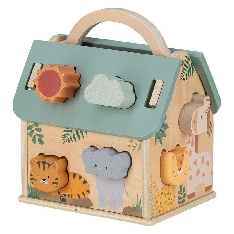 Casuta cu activitati, Free2Play, Din lemn, Dezvolta coordonarea mana-ochi, 17x12x20 cm, 12 luni+, Activity House