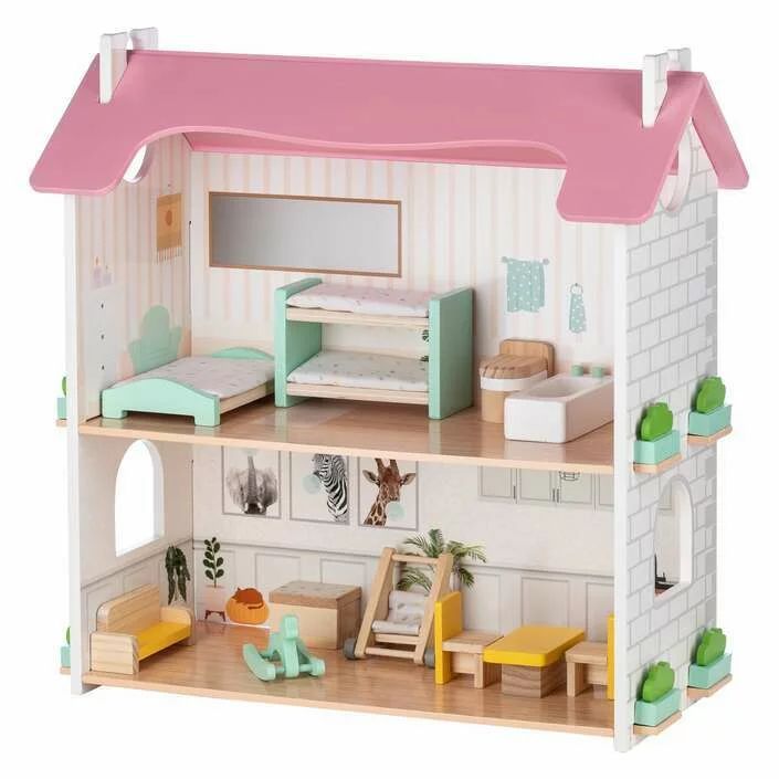 Casuta de papusi, Free2Play, Din lemn, Cu 11 piese de mobilier, Cu acces facil, 48,3 x 21 x 48 cm, 36 luni+, Multicolor