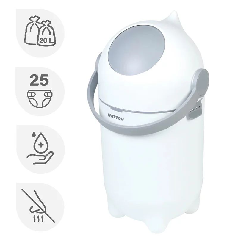 Cos pentru scutece, Nattou, Dropy, Sistem etans impotriva mirosurilor, Compatibil cu saci universali, Operare cu o mana, Potrivit pentru cca 25 scutece, 27 × 27 × 48.5 cm, 20 l, Alb