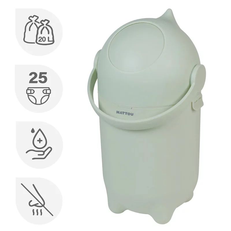 Cos pentru scutece, Nattou, Dropy, Sistem etans impotriva mirosurilor, Compatibil cu saci universali, Operare cu o mana, Potrivit pentru cca 25 scutece, 27 × 27 × 48.5 cm, 20 l, Verde