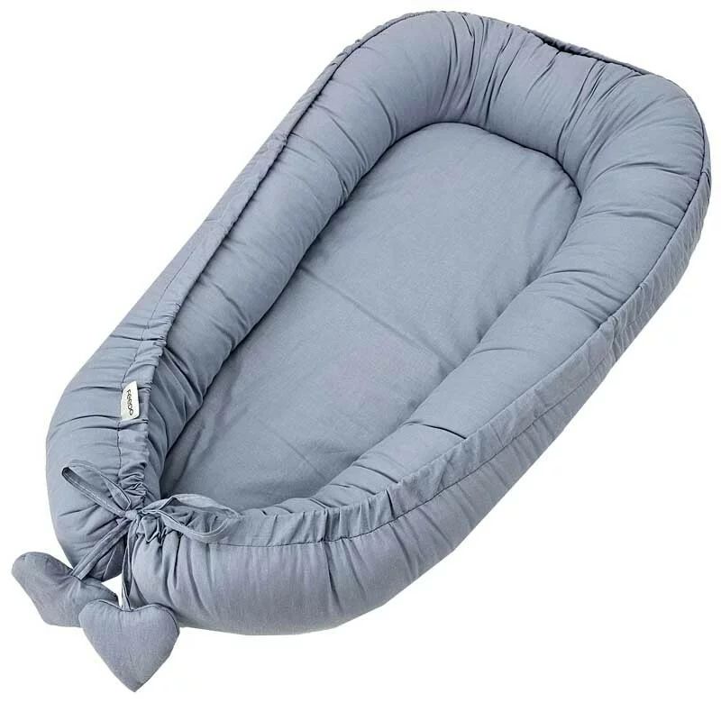 Cosulet bebelus, Feedo, Pentru dormit, joaca, protectie in patut, Baby Nest 90x60 cm, Din bumbac 100%, Design cu inimioare, Albastru