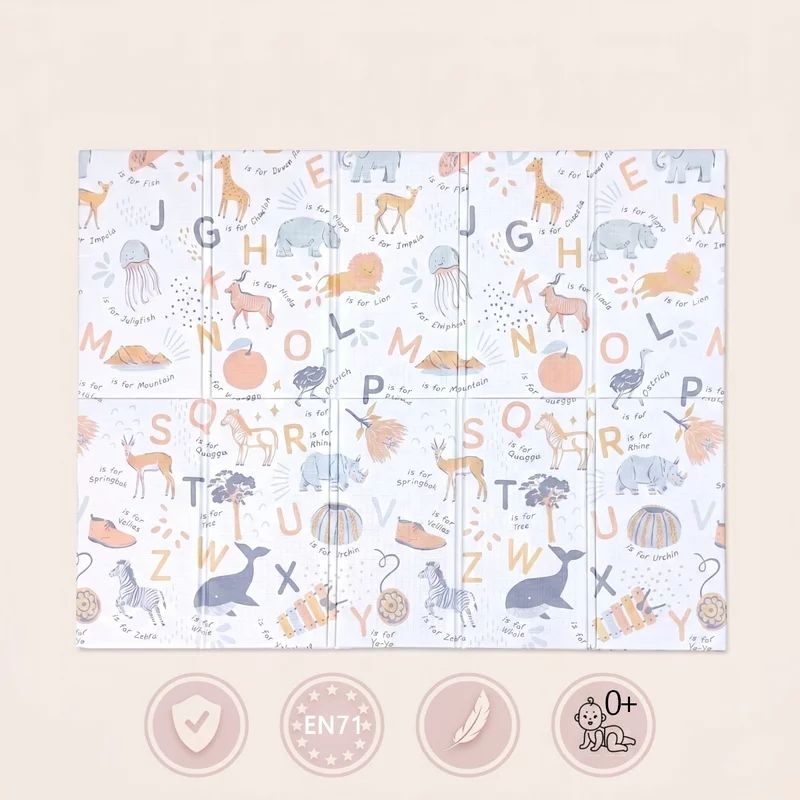 Covoras de joaca, Primabobo, Cu doua fete, Pliabil, Protectie impotriva loviturilor, 150x180 cm, 0 luni+, Animalute, Albastru