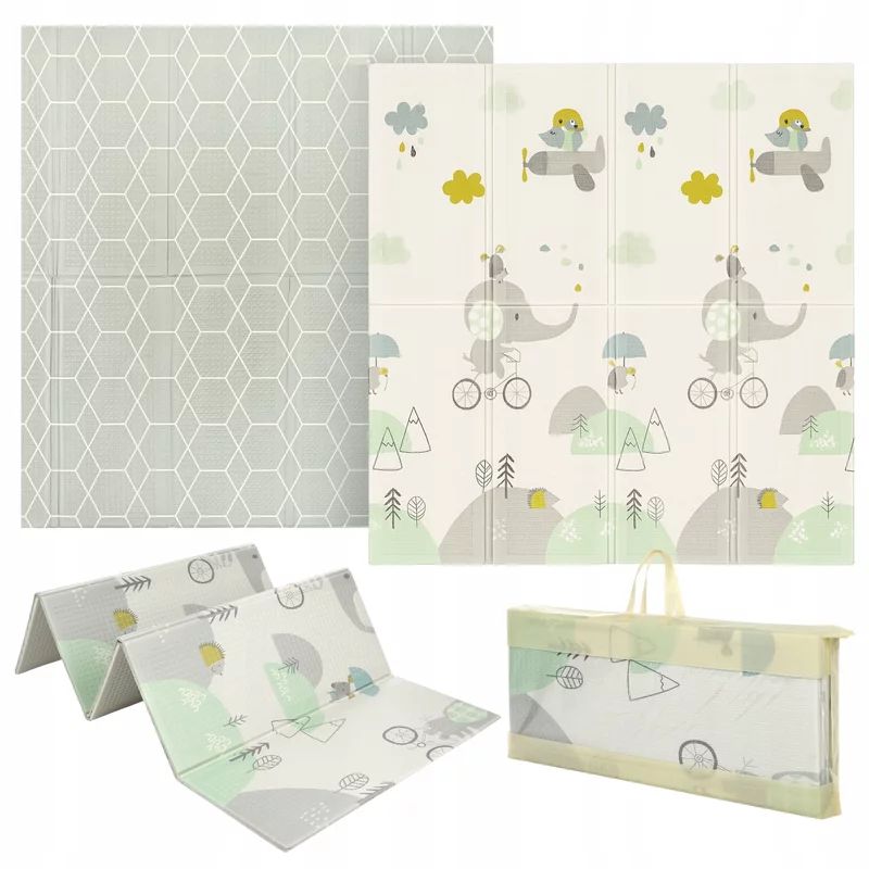 Covoras de joaca, Primabobo, Model elefantel, Pliabil, Impermeabil, 150 x 180 cm, BPA Free, Cu Imprimeu pe ambele parti, Geanta transport, Multicolor