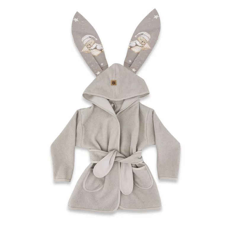 Halat de baie, MimiNu, Cu urechi, 2 - 5 ani, Moale, Cu buzunare, Cu cordon, Din bumbac si thermo fleece, Materiale certificate Oeko Tex Standard 100, Bedtime story beige
