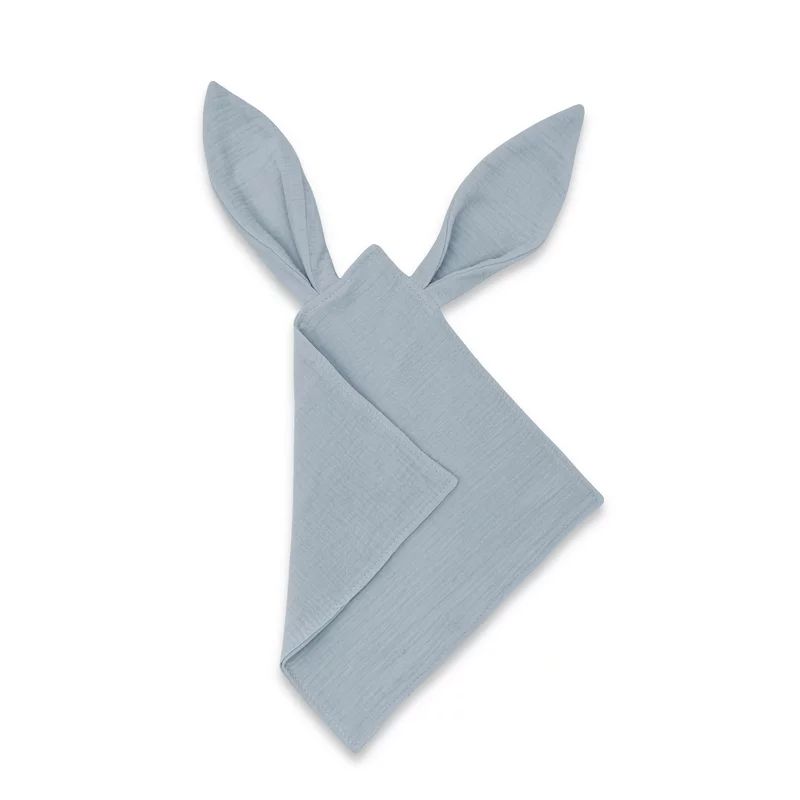 Jucarie textila senzoriala, Qmini, Cu urechi fosnitoare, 30 x 30 cm, Din muselina dubla, Jeans