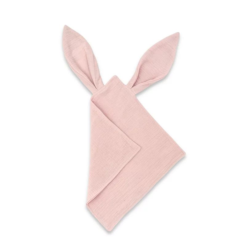 Jucarie textila senzoriala, Qmini, Cu urechi fosnitoare, 30 x 30 cm, Din muselina dubla, Powder Pink