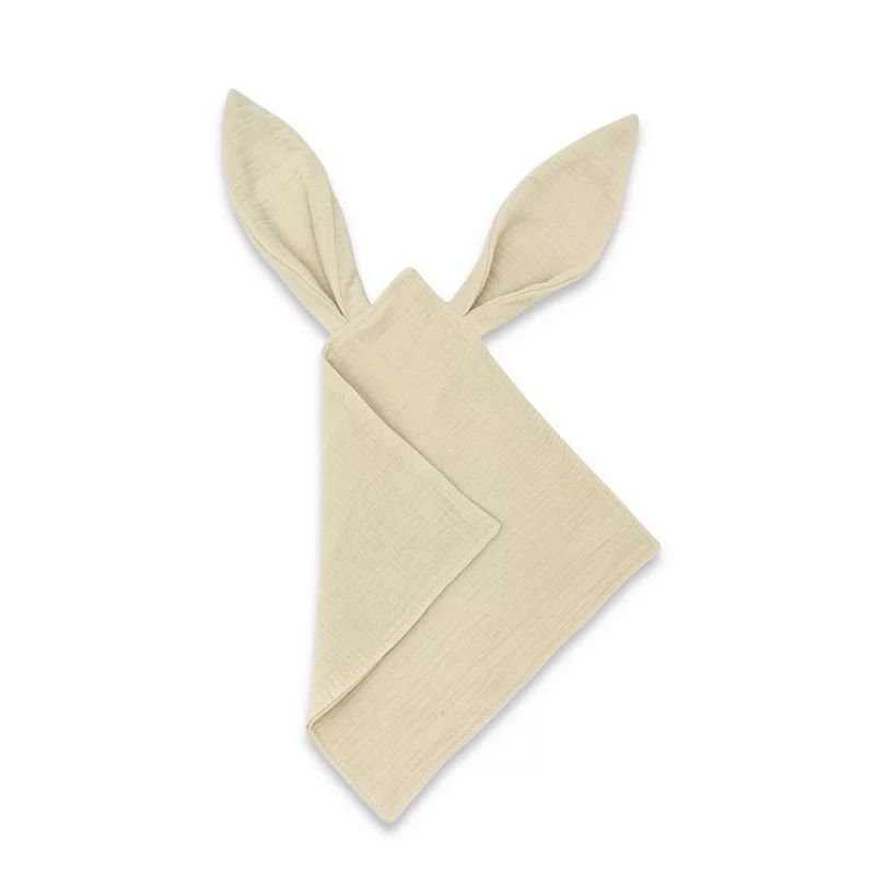Jucarie textila senzoriala, Qmini, Cu urechi fosnitoare, 30 x 30 cm, Din muselina dubla, Warm Beige