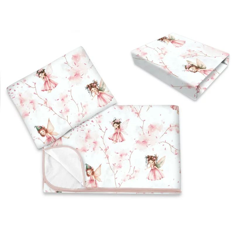 Lenjerie pat junior cu 3 piese, Qmini, Cu cearceaf 160x80 cm, Din bumbac certificat Oeko Tex Standard 100, Cu paturica si pernuta, Fairy Pink