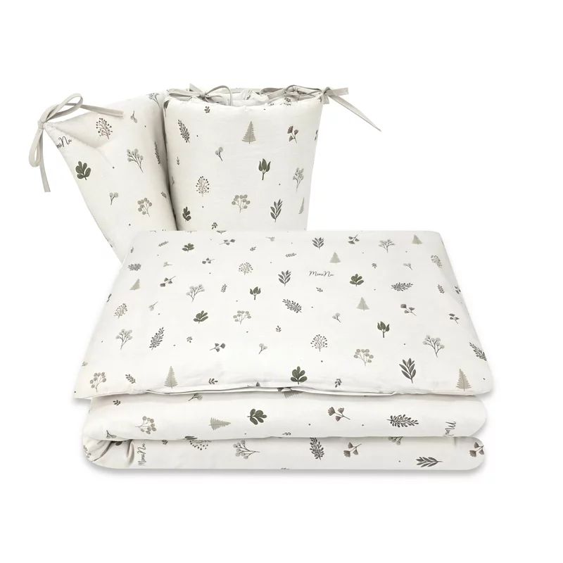 Lenjerie patut 3 piese, MimiNu, Pentru patut 120x60 cm, Cu protectie laterala, Din bumbac certificat Oeko Tex Standard 100, Leaves